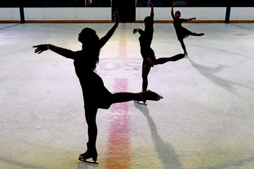 Figure skaters perform during the final rehearsals for the world premiere ice skating performance of "The Creative Spirit of John Curry" at the Billingham Forum Ice Arena on August 15, 2019 in Billingham, England. The show honours British skating legend John Curry and forms the centre piece of the 55th Billingham International Folklore Festival of World Dance. In the 1970s and 1980s until his death in 1994 John Curry was one of the most influential ice skaters of the time noted for combining ballet with modern dance in his routines. In 1976 he won gold medals at the Olympics, The World Championships and The European Championships. Following the premiere the performance will move to Sheffield. (Photo by Ian Forsyth/Getty Images)