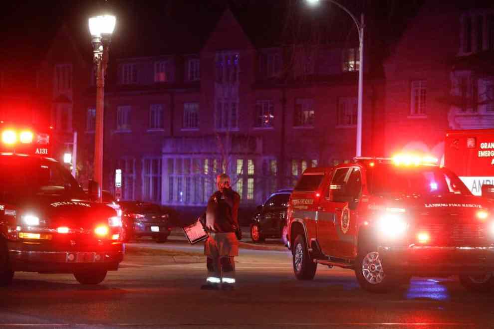 LANSING, MI - FEBRUARY 13: Police and emergency vehicles are on the scene of an active shooter situation on the campus of Michigan State University on February 13, 2023 in Lansing, Michigan. Five people were shot and the gunman still at large following the attack, according to published reports. The reports say some of the victims have life-threatening injuries.