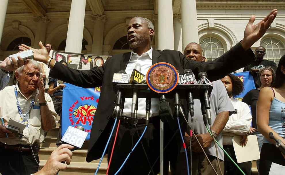 NEW YORK - AUGUST 27: New York City Councilman Bill Perkins speaks at a press conference at City Hall protesting the Republican National Convention's impact on the city August 27, 2004 in New York City. Organizers from local service workers denounce the Republicans and called their presence an exploitation of the September 11th terrorist attacks.