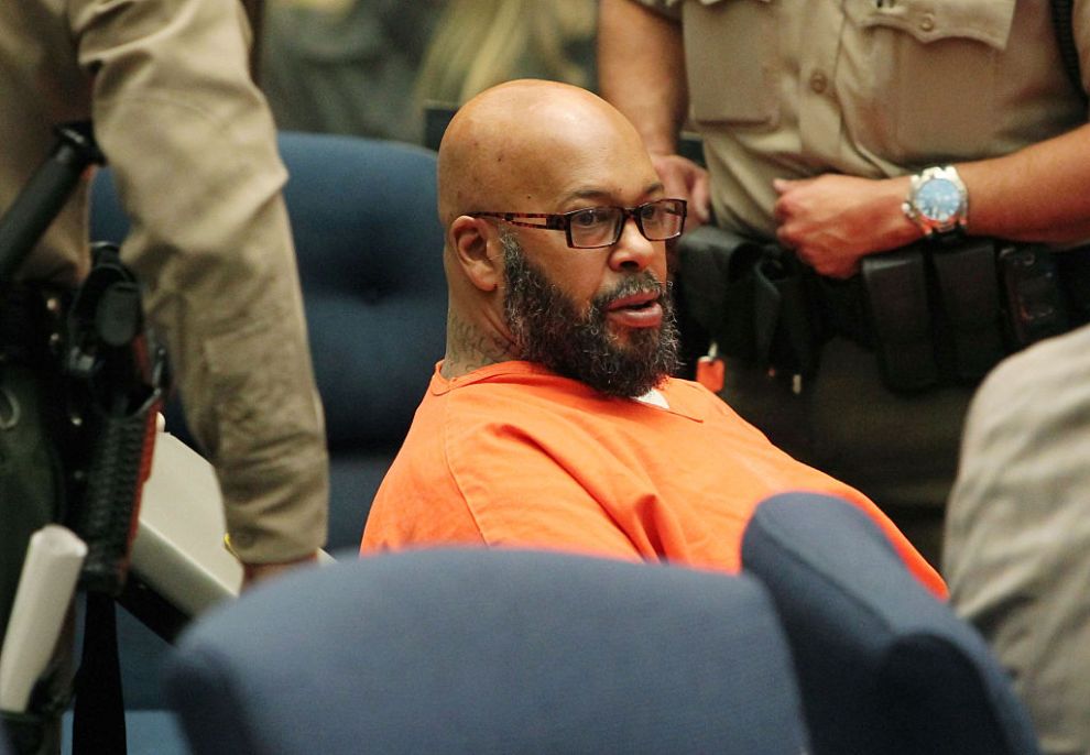 LOS ANGELES, CA - APRIL 08: Marion 'Suge' Knight appears in court with his Lawyer Matthew P Fletcher for a preliminary hearing in a robbery charge case at Criminal Courts Building on April 8, 2015 in Los Angeles, California. Knight is charged with robbery and criminal threats after allegedly stealing a photographer's camera during an incident September 5, 2014 in Beverly Hills.