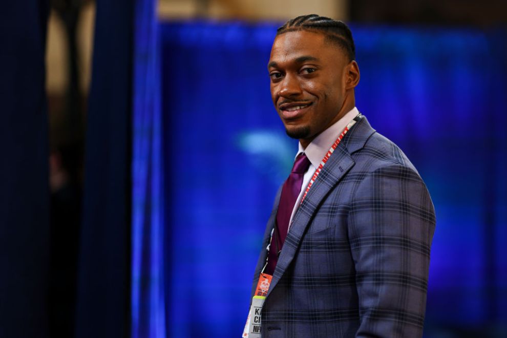 KANSAS CITY, MO - APRIL 27: ESPN NFL analyst Robert Griffin III smiles in the green room backstage during the first round of the 2023 NFL Draft at Union Station on April 27, 2023 in Kansas City, Missouri.