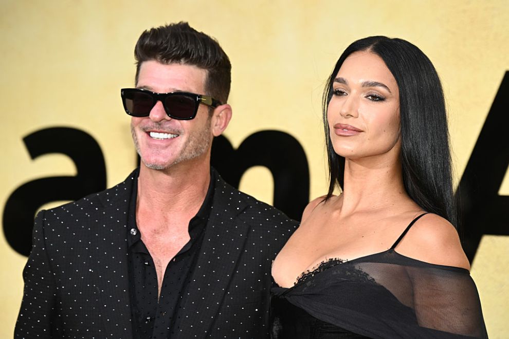 CAP D'ANTIBES, FRANCE - MAY 22: Robin Thicke and April Love Geary attend the amfAR gala Cannes 2025 presented by Chopard at Hotel du Cap-Eden-Roc on May 22, 2025 in Cap d'Antibes, France.
